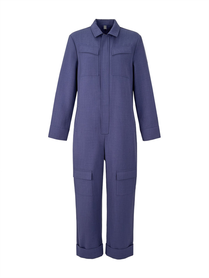 Long Sleeves Loose Solid Color Zipper Lapel Jumpsuits