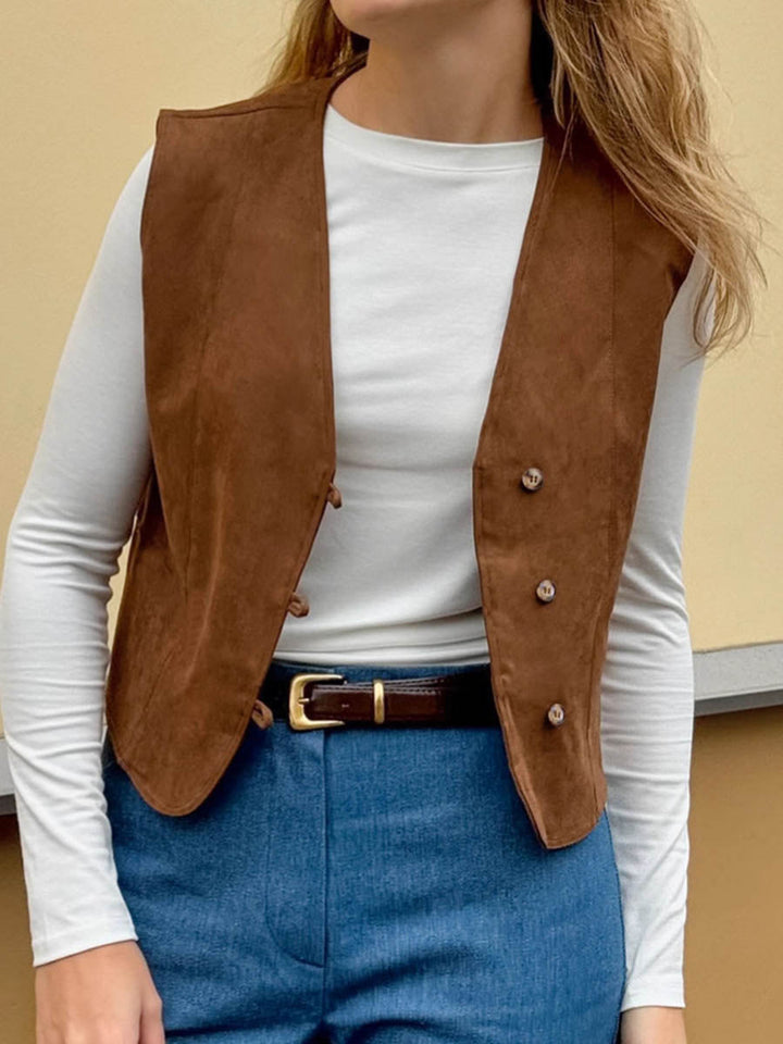 Loose Sleeveless Buttoned Solid Color V-Neck Vest Outerwear Waistcoat