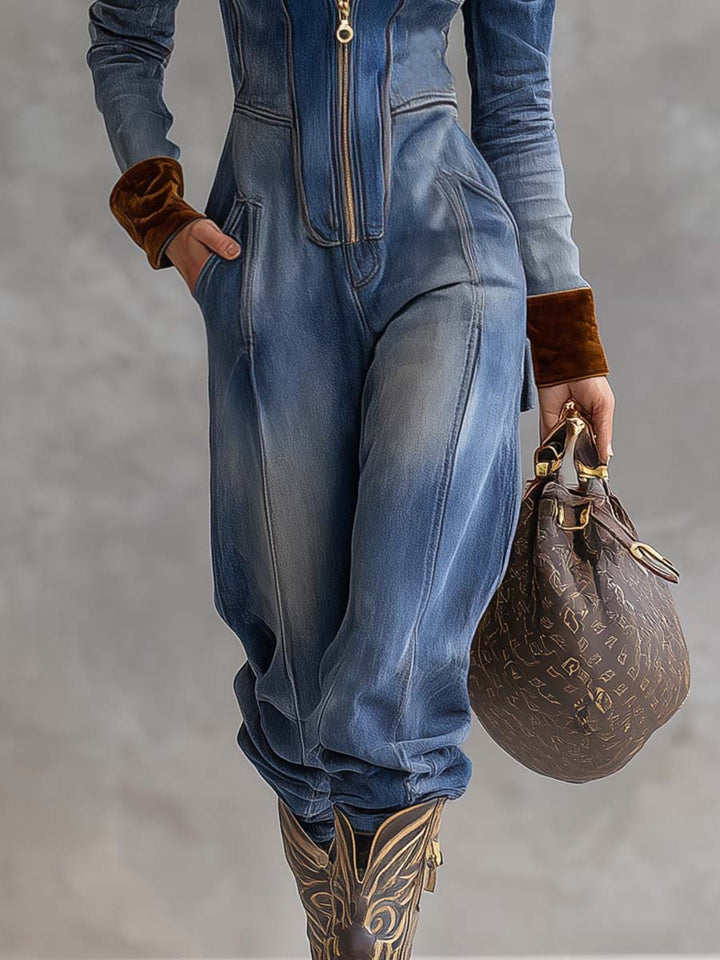 Vintage Casual Western Hooded V-neck Zipper Velvet Stitching Blue Denim Jumpsuit