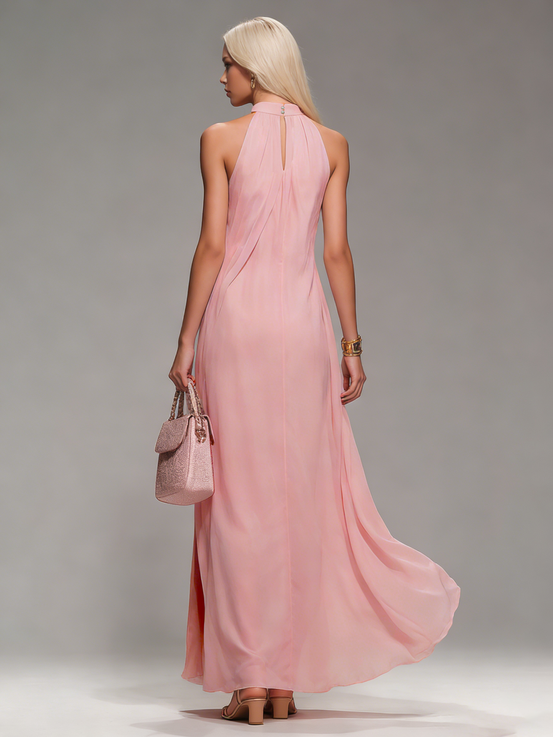 Comfortable And Elegant Halter Neck Sleeveless Slit Chiffon Maxi Dress