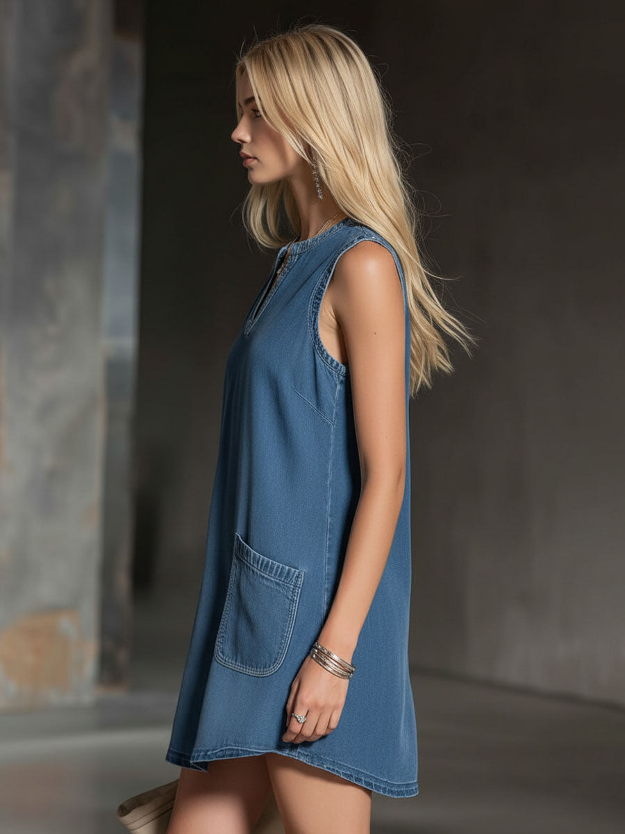V-neck Double Pocket Denim Sleeveless Mini Dress