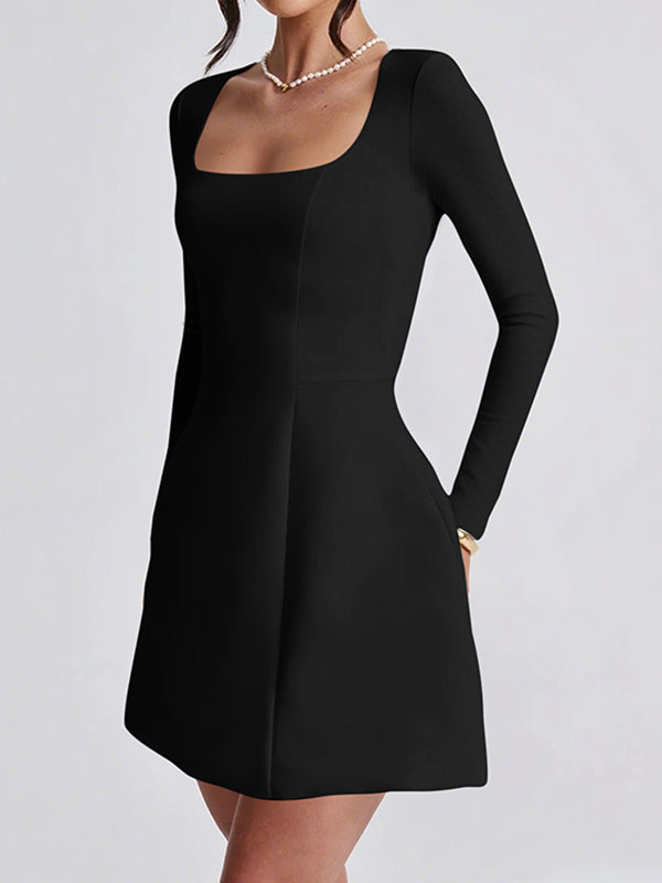 A-Line Bodycon Solid Color Zipper Square-Neck Mini Dresses
