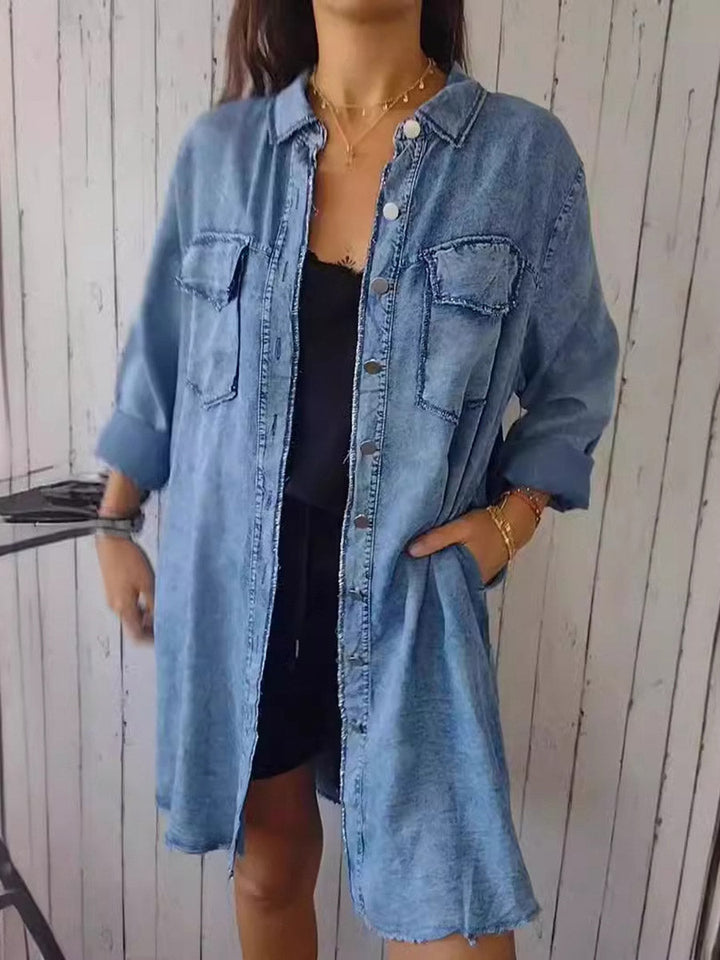 Long Sleeves Loose Buttoned Pockets Solid Color Split-Joint Lapel Outerwear