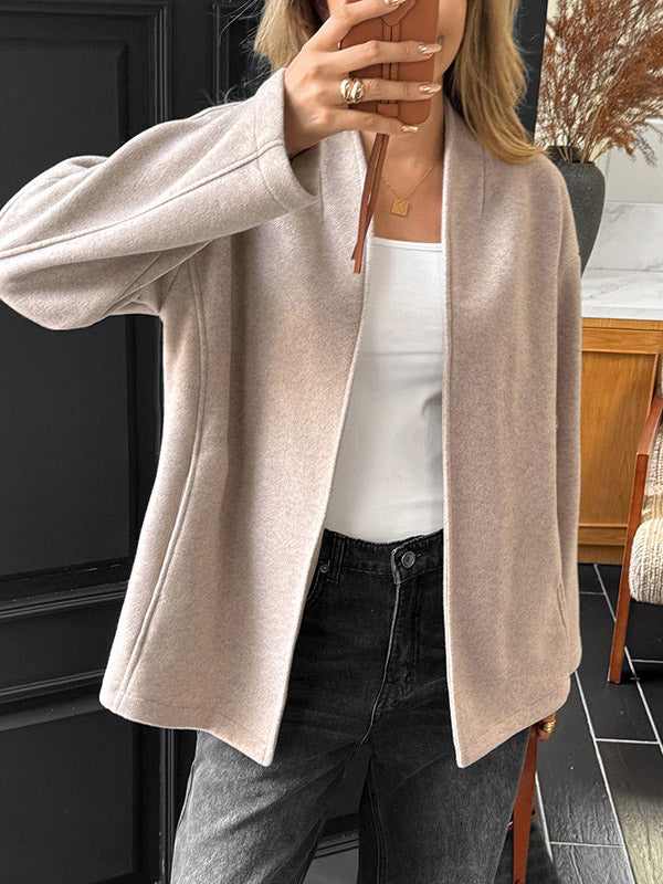 Long Sleeves Loose Solid Color Tied Collarless Jackets&Coats Outerwear