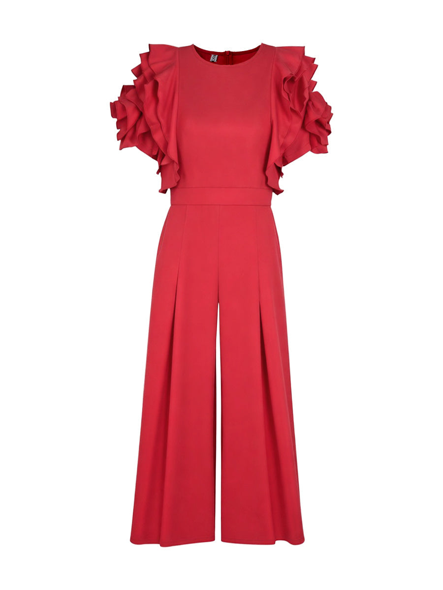 Loose Short Sleeves Falbala Solid Color Round-Neck Jumpsuits