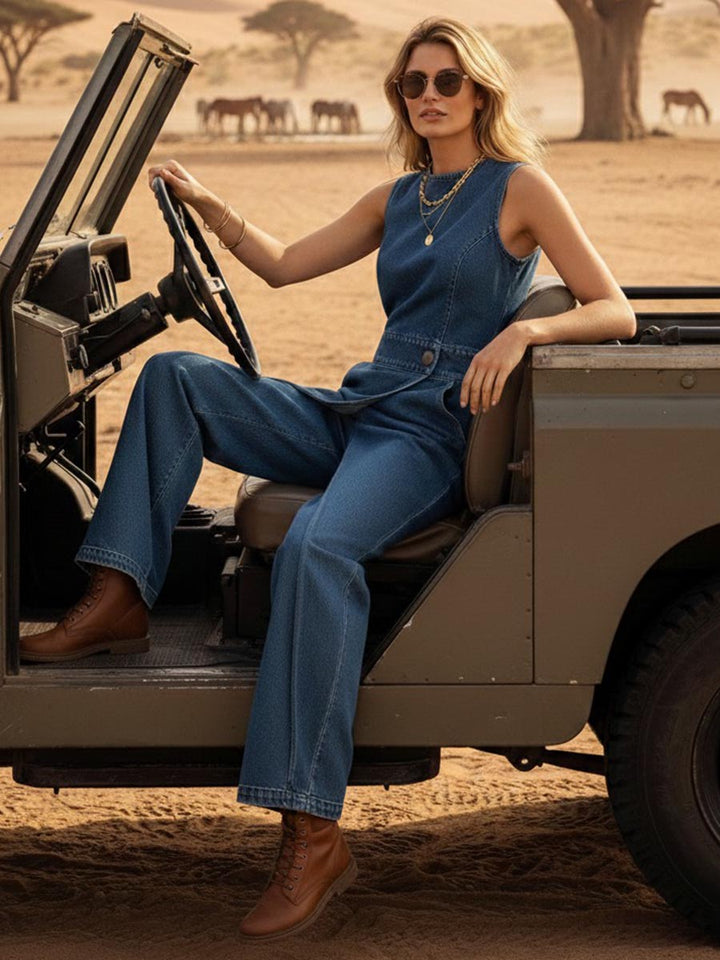 High Waisted Irregularity Buttoned Interlace Pockets Solid Color Split-Joint Round-Neck Jumpsuits