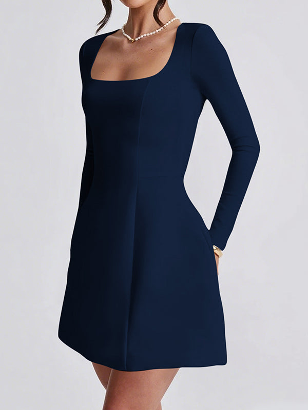 A-Line Bodycon Solid Color Zipper Square-Neck Mini Dresses