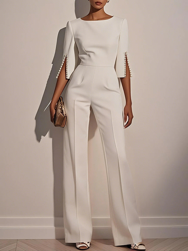 Loose Solid Color Split-Joint Round-Neck Jumpsuits