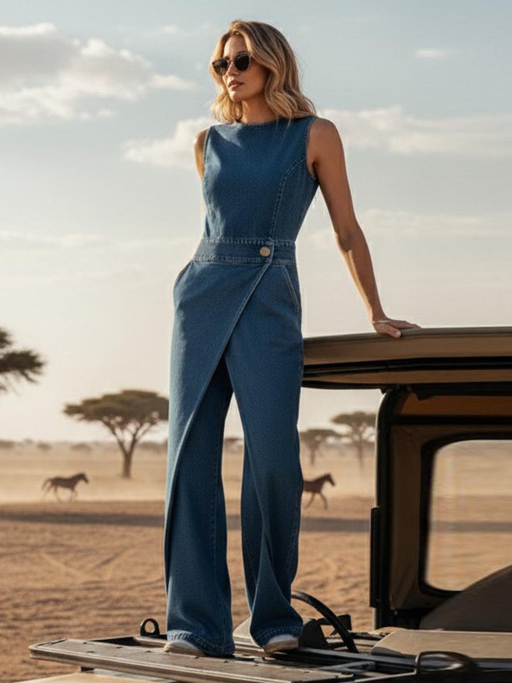 High Waisted Irregularity Buttoned Interlace Pockets Solid Color Split-Joint Round-Neck Jumpsuits