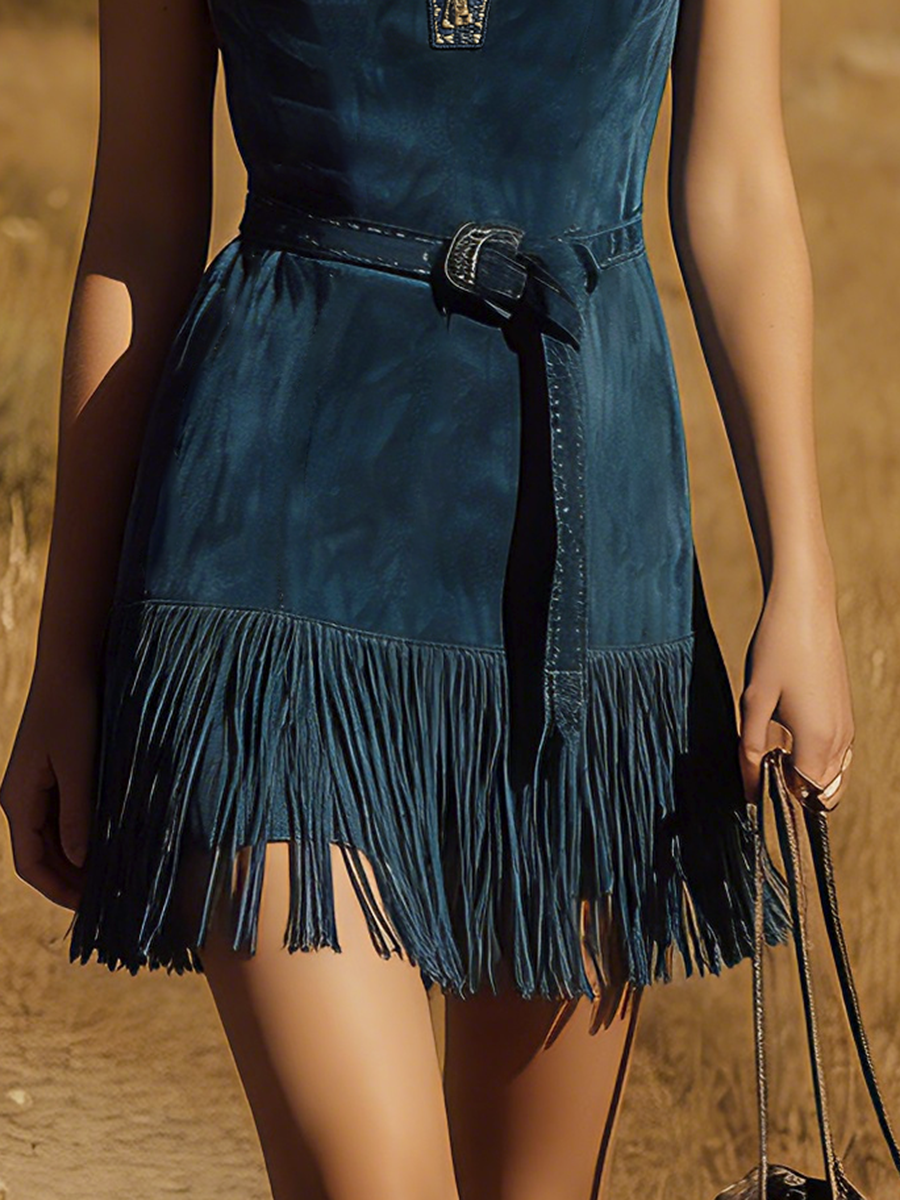 Western Retro Bohemian Style V-neck Sleeveless Embroidered Faux Suede Mini Dress