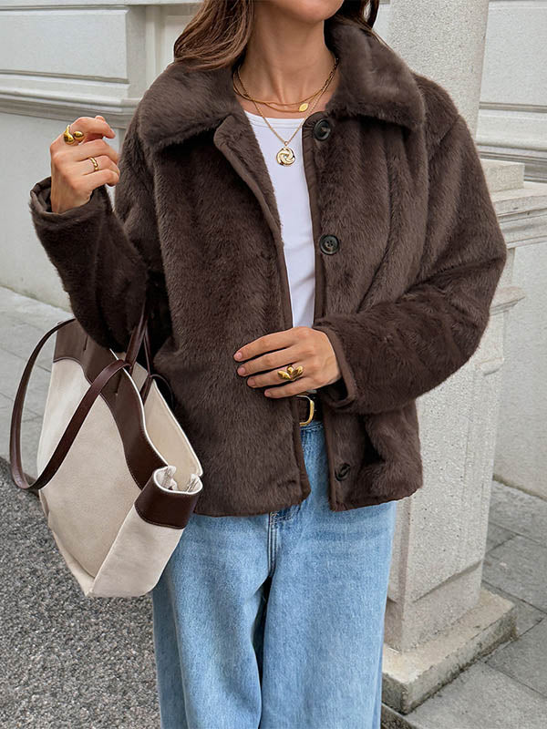 Long Sleeves Loose Buttoned Pockets Solid Color Split-Joint Lapel Outerwear