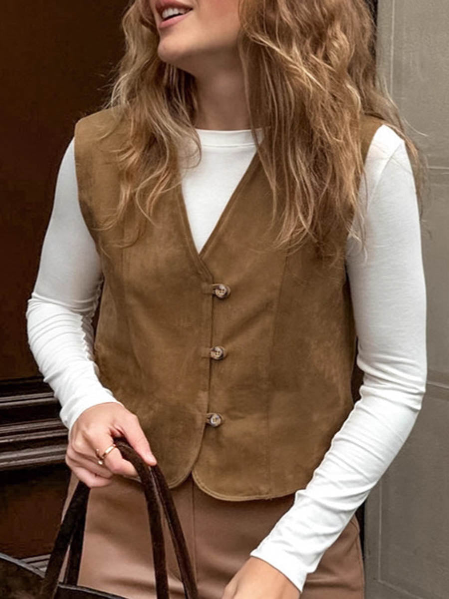 Loose Sleeveless Buttoned Solid Color V-Neck Vest Outerwear Waistcoat