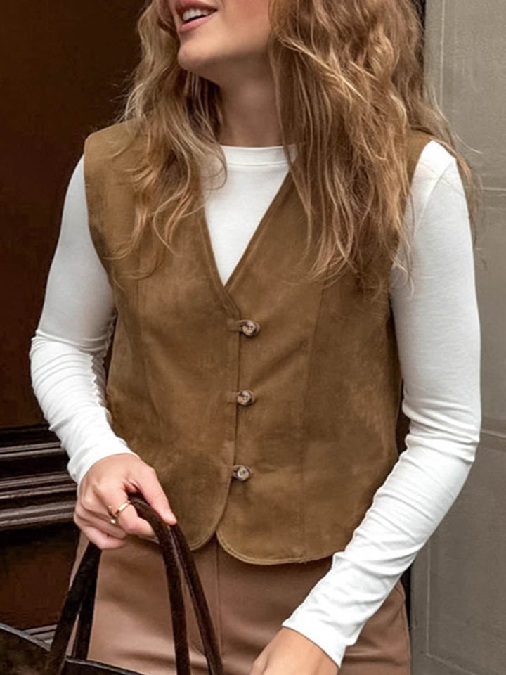 Loose Sleeveless Buttoned Solid Color V-Neck Vest Outerwear Waistcoat