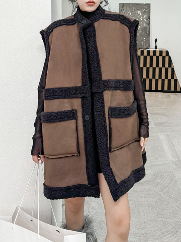 Loose Sleeveless Buttoned Pockets Split-Joint Stand Collar Vest Outerwear