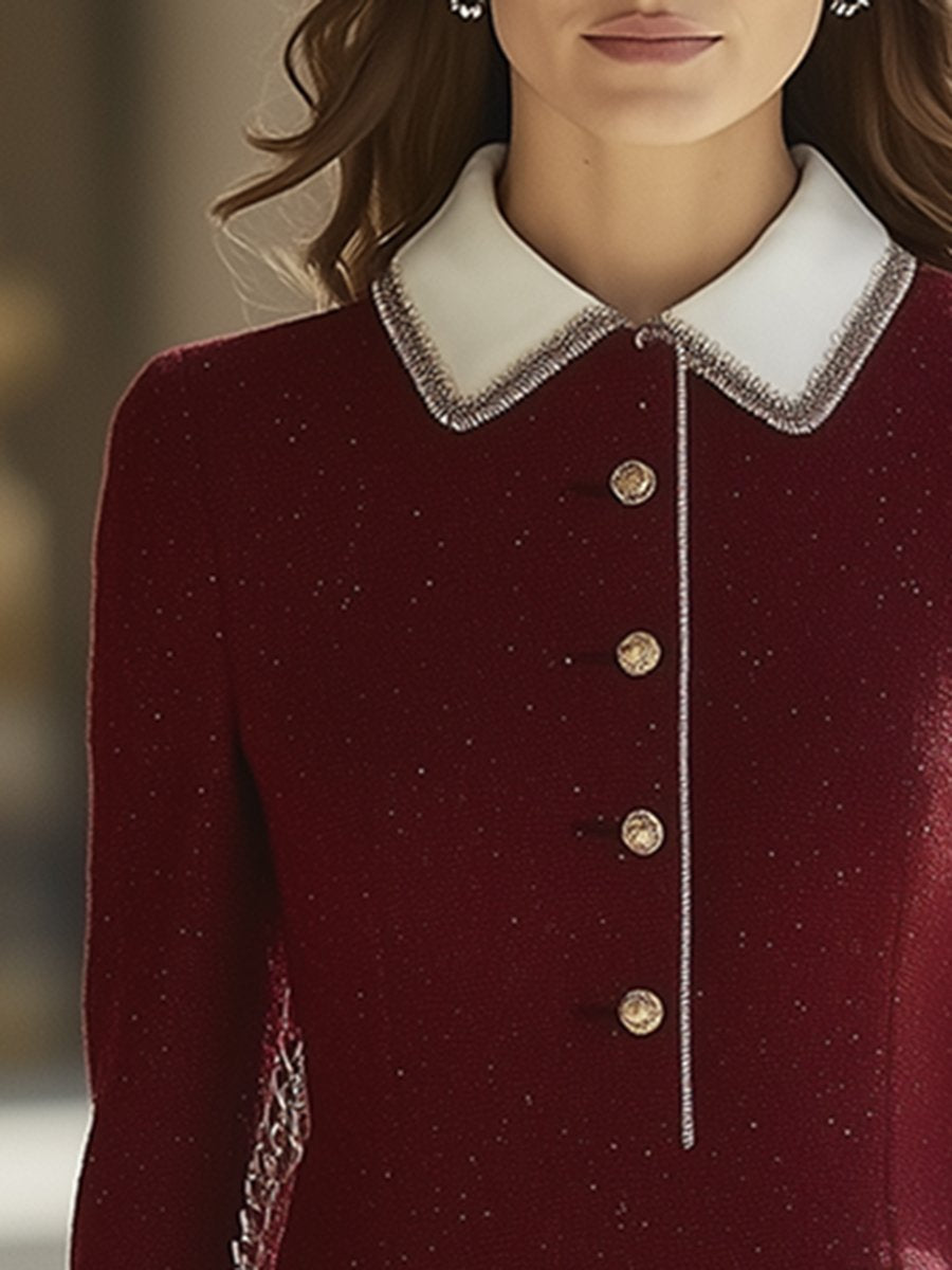 High-End Retro Luxury Contrast Hem Lapel Dress
