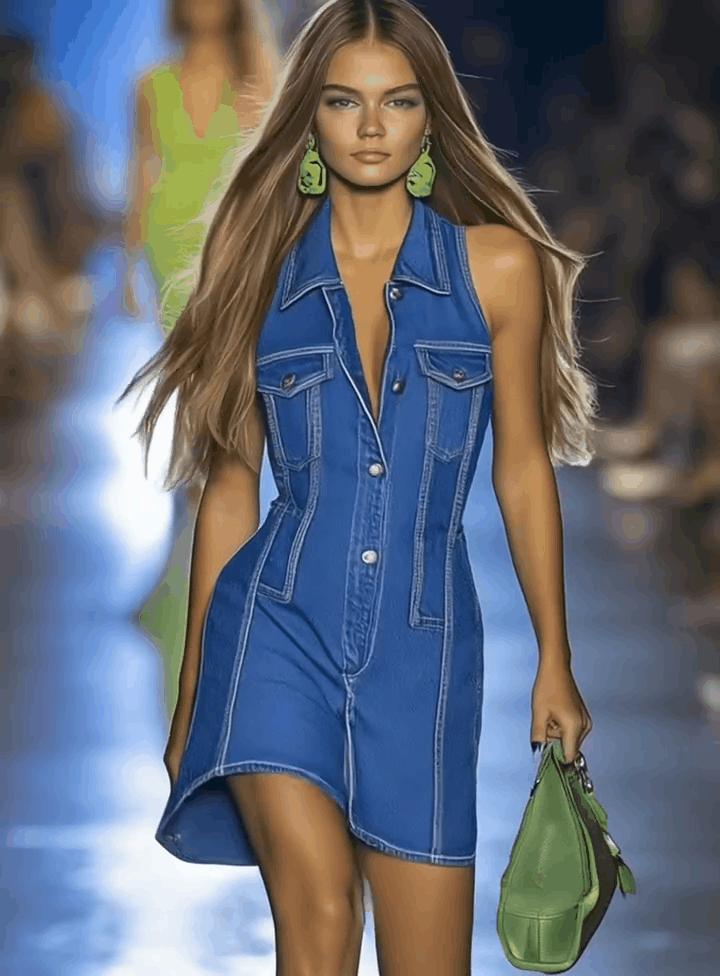 Premium Denim V-Neck Zipper Mini Dress